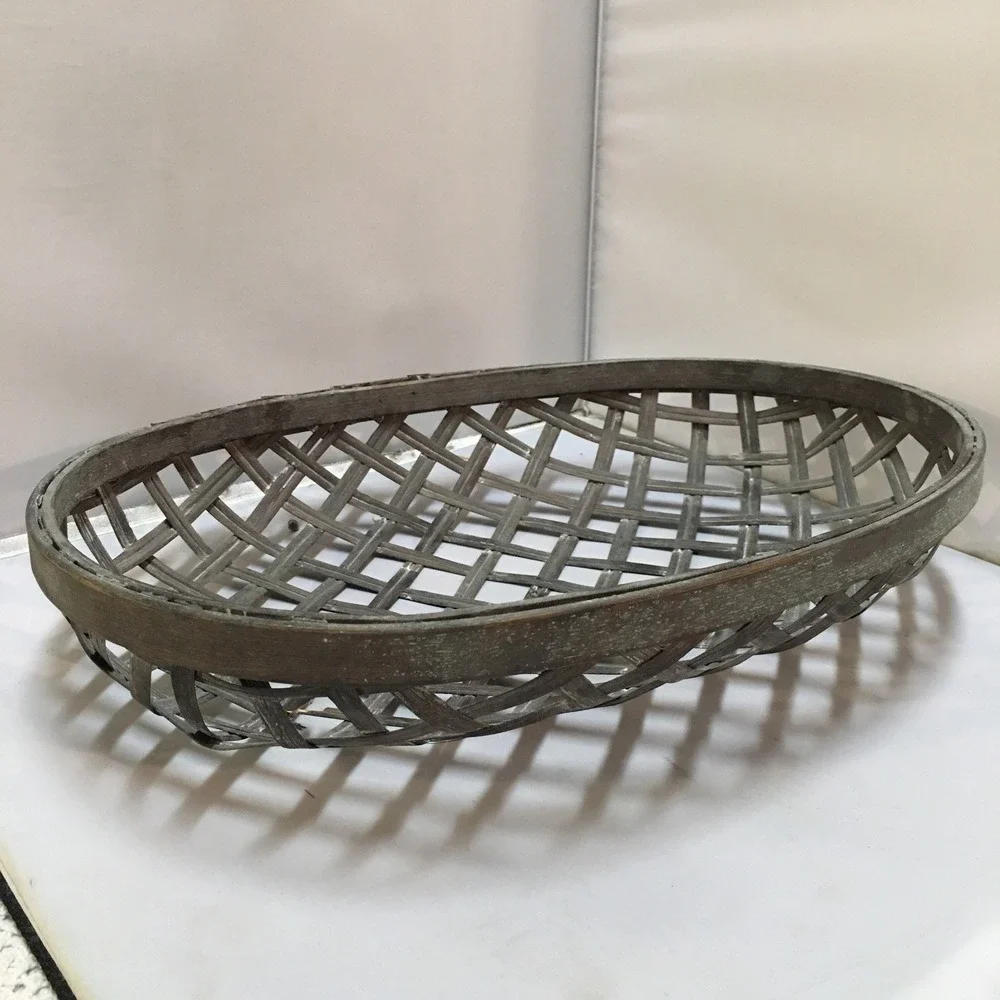 Tobacco Basket Home Decor Gray Brown Rustic Oval Lattice Weave Farmhouse